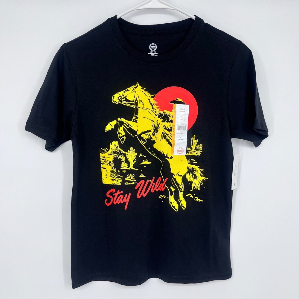Stay Wild Cowboy Horse Western Shirt Graphic Kids L 10-12 Black Rodeo Casual Tee